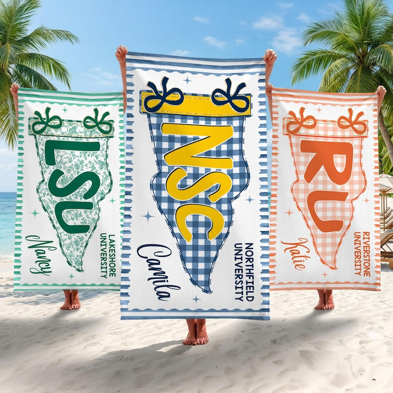 Custom School Pennant Beach Towel, Custom Name College Spirit Flag Towel