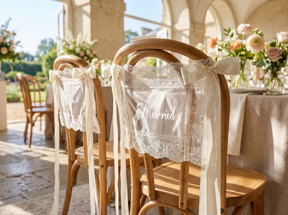 Personalized Lace Just Married Wedding Chair Sash | Custom Bride Groom Chair Banner