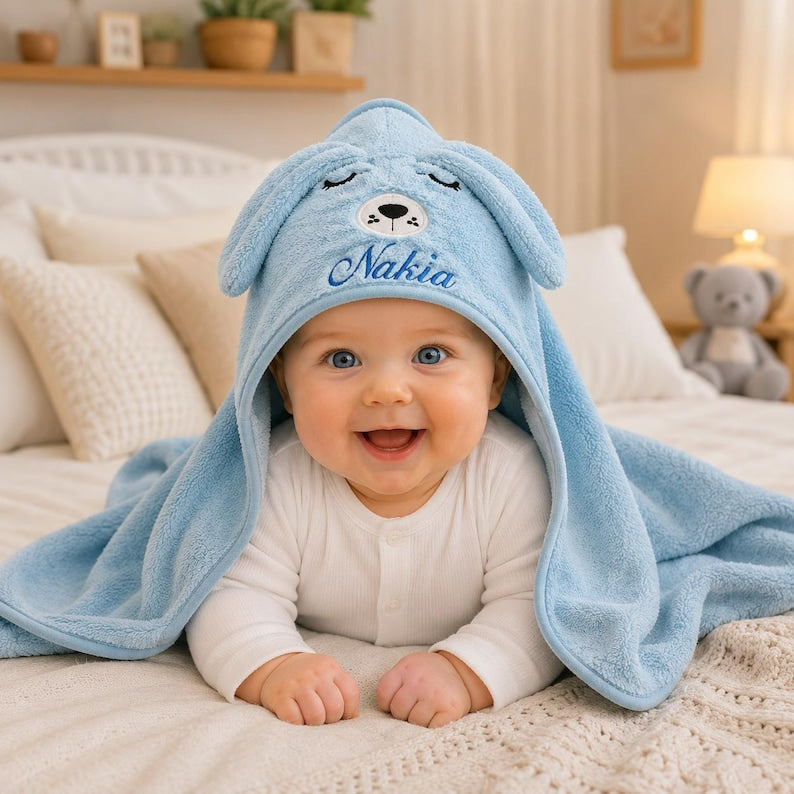 Personalized Baby Hooded Towel, Custom Name Animal Bath Towel