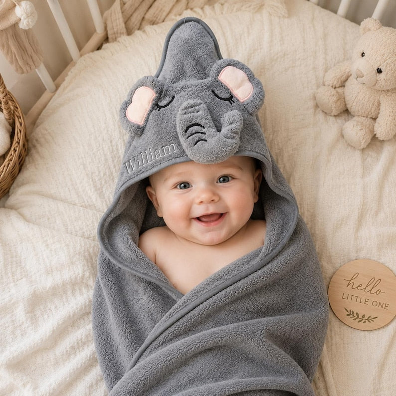 Personalized Baby Hooded Towel, Custom Name Animal Bath Towel