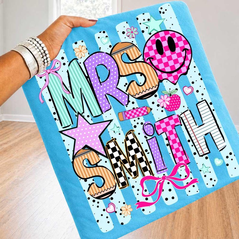 Striped Neon Custom Teacher Name Coquette Bow Shirt