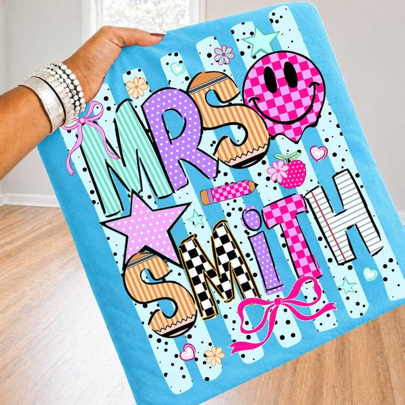 Striped Neon Custom Teacher Name Coquette Bow Shirt