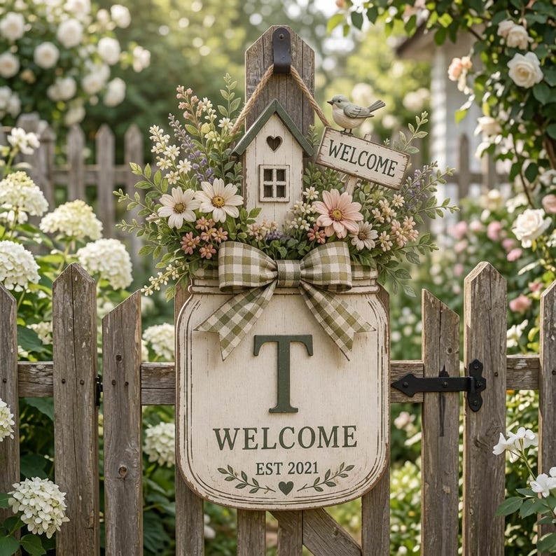 Personalized Welcome Door Hanger, Floral Mason Jar Door Sign, Custom Family Initial Decor