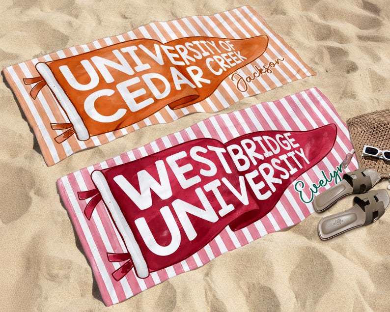 Personalized College Pennant Beach Towel, School Banner School Spirit Beach Towel