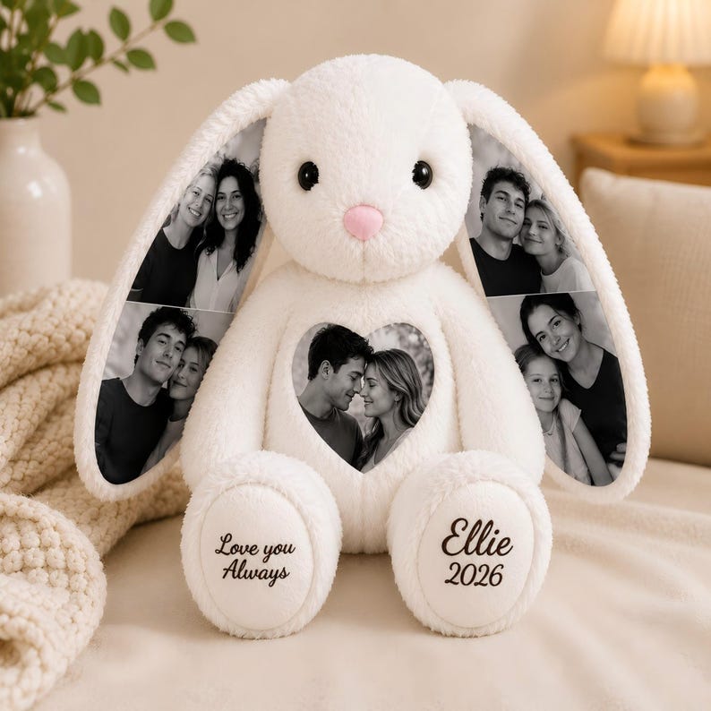 Personalized Plush Bunny with Custom Photo – Hidden Ear Stuffed Animal Gift for Couples