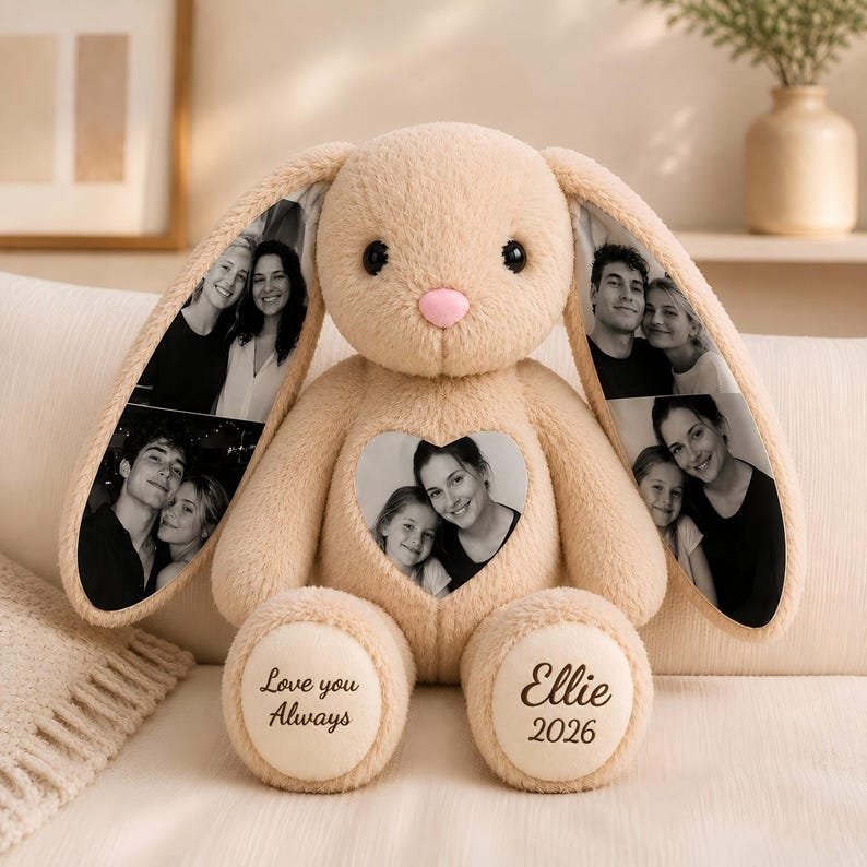 Personalized Plush Bunny with Custom Photo – Hidden Ear Stuffed Animal Gift for Couples