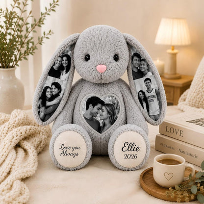 Personalized Plush Bunny with Custom Photo – Hidden Ear Stuffed Animal Gift for Couples