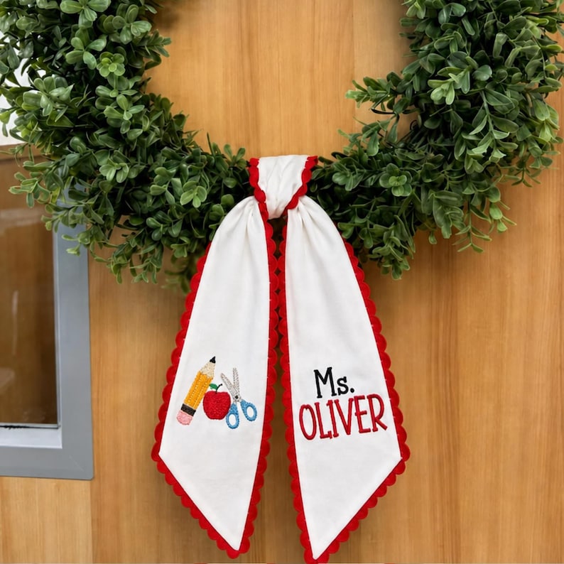 Personalized Teacher Door Wreath Bow, Custom Name Gingham Wreath Sash