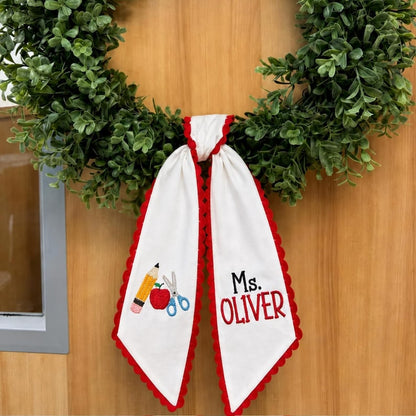 Personalized Teacher Door Wreath Bow, Custom Name Gingham Wreath Sash