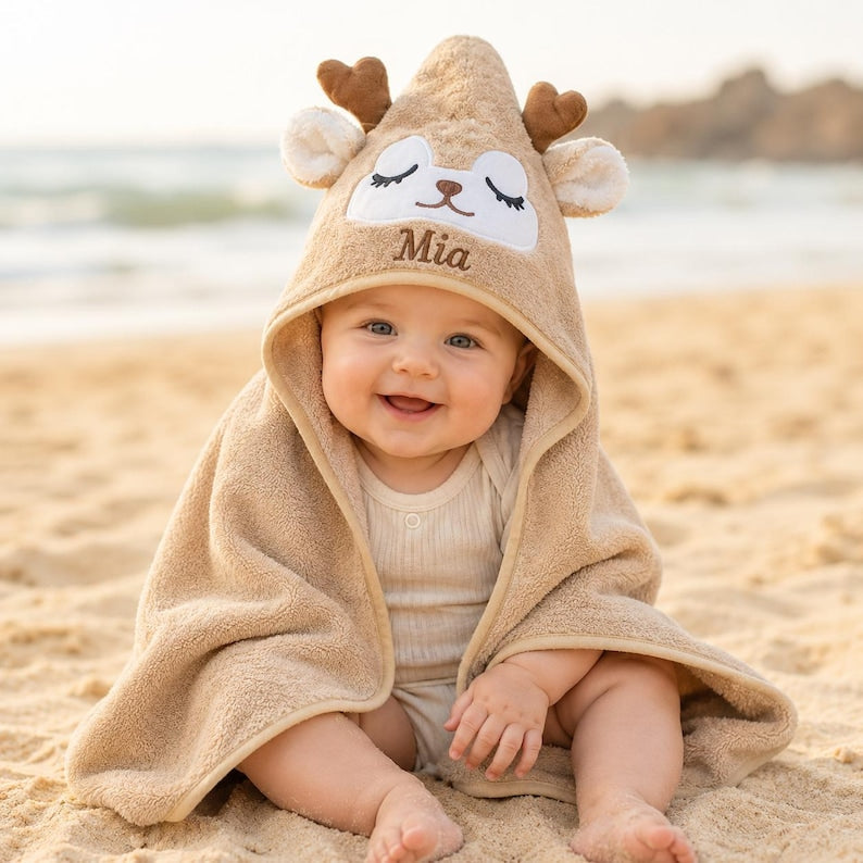Personalized Baby Hooded Towel, Custom Name Animal Bath Towel