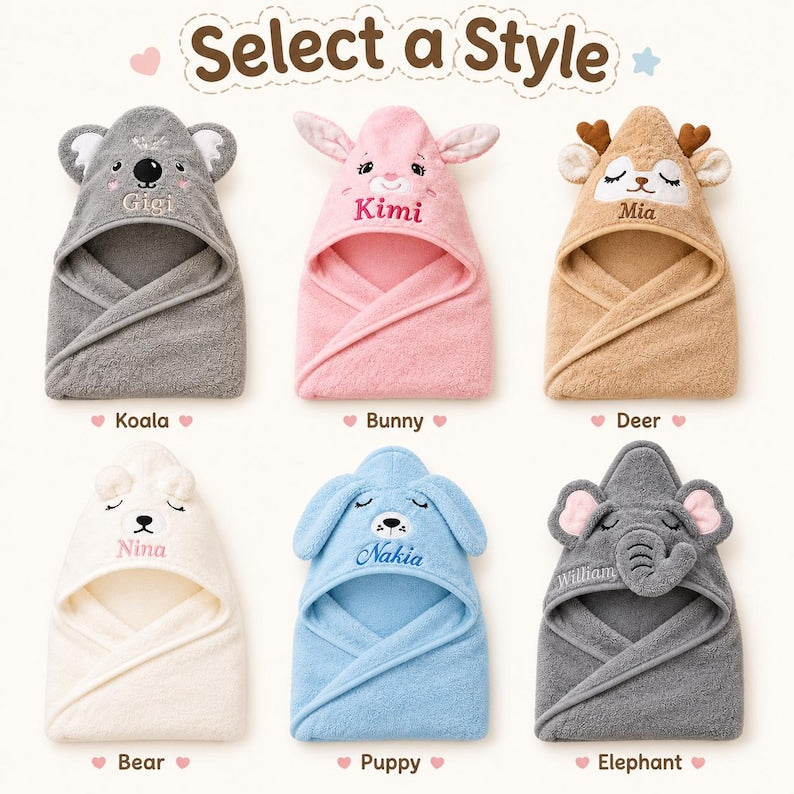 Personalized Baby Hooded Towel, Custom Name Animal Bath Towel