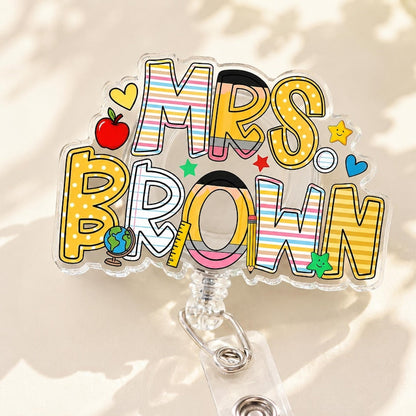 Custom School Pattern Name Teacher Badge Reel: Personalized ID Clip