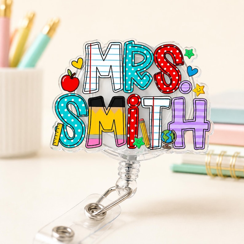Custom School Pattern Name Teacher Badge Reel: Personalized ID Clip