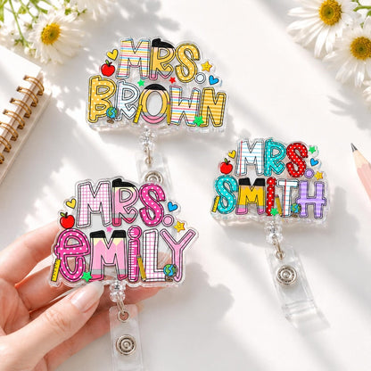 Custom School Pattern Name Teacher Badge Reel: Personalized ID Clip