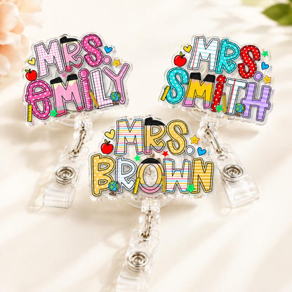 Custom School Pattern Name Teacher Badge Reel: Personalized ID Clip