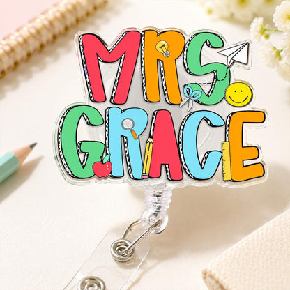 Custom Groovy Teacher Name Badge Reel: Personalized ID Clip