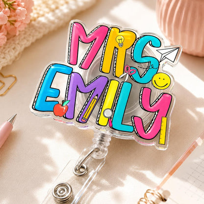 Custom Groovy Teacher Name Badge Reel: Personalized ID Clip