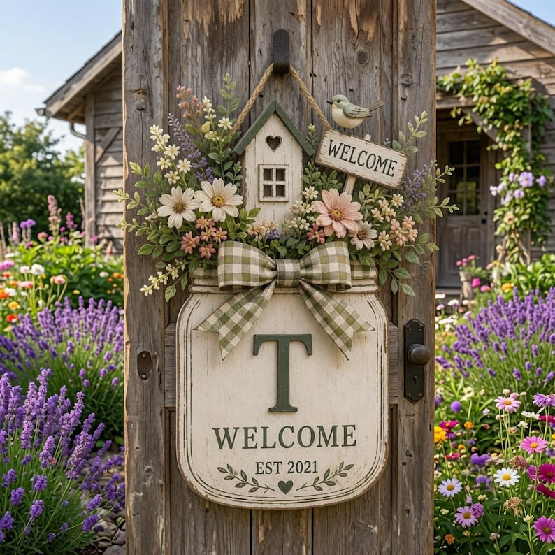 Personalized Welcome Door Hanger, Floral Mason Jar Door Sign, Custom Family Initial Decor