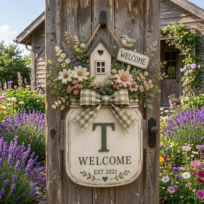 Personalized Welcome Door Hanger, Floral Mason Jar Door Sign, Custom Family Initial Decor