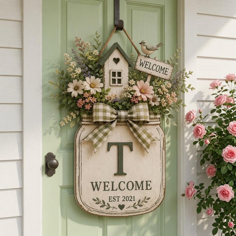 Personalized Welcome Door Hanger, Floral Mason Jar Door Sign, Custom Family Initial Decor