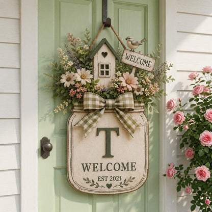 Personalized Welcome Door Hanger, Floral Mason Jar Door Sign, Custom Family Initial Decor