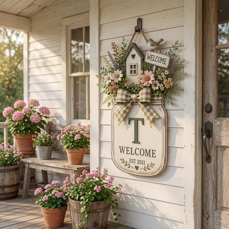 Personalized Welcome Door Hanger, Floral Mason Jar Door Sign, Custom Family Initial Decor
