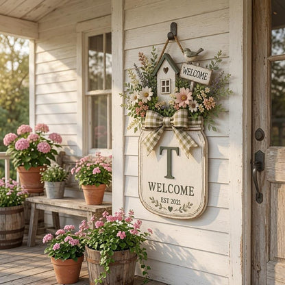 Personalized Welcome Door Hanger, Floral Mason Jar Door Sign, Custom Family Initial Decor