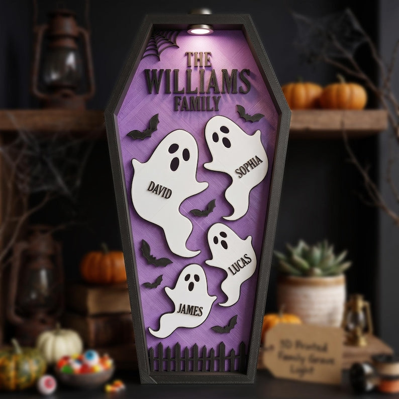 Personalized Ghost Family Coffin Sign, Custom Halloween Decor