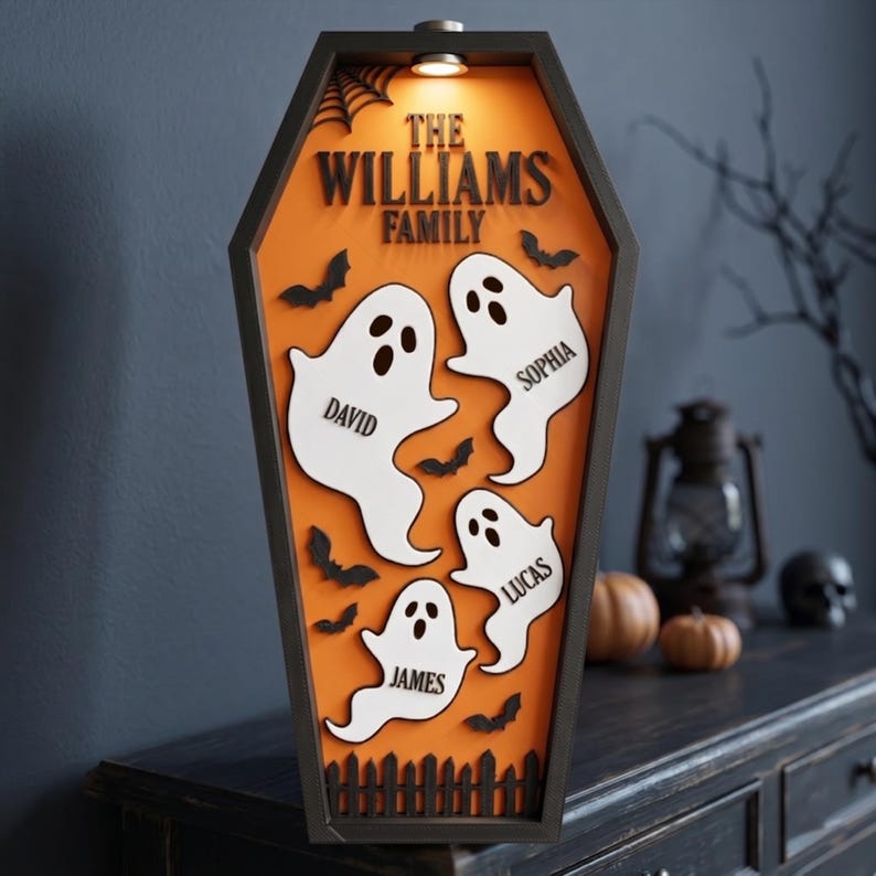 Personalized Ghost Family Coffin Sign, Custom Halloween Decor