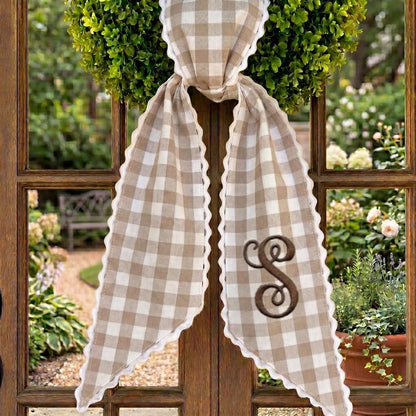 Personalized Stag Wreath Sash, Tan Gingham Door Bow