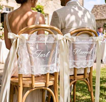 Personalized Lace Just Married Wedding Chair Sash | Custom Bride Groom Chair Banner