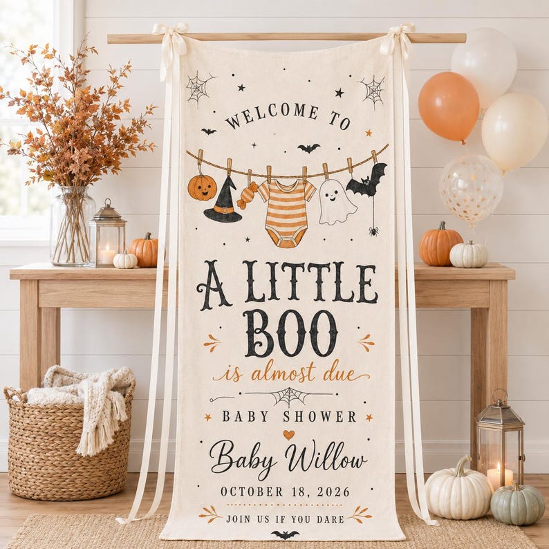 Personalized Halloween Baby Shower Tapestry, Little Boo Is Almost Due Banner