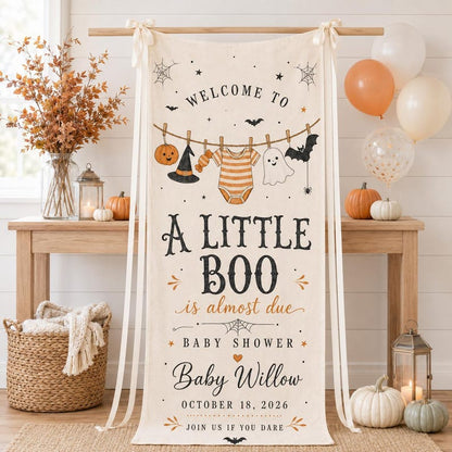 Personalized Halloween Baby Shower Tapestry, Little Boo Is Almost Due Banner