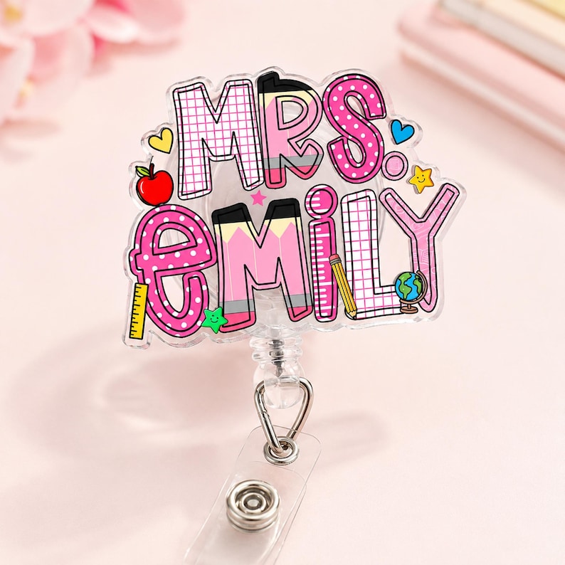 Custom School Pattern Name Teacher Badge Reel: Personalized ID Clip