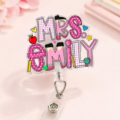 Custom School Pattern Name Teacher Badge Reel: Personalized ID Clip