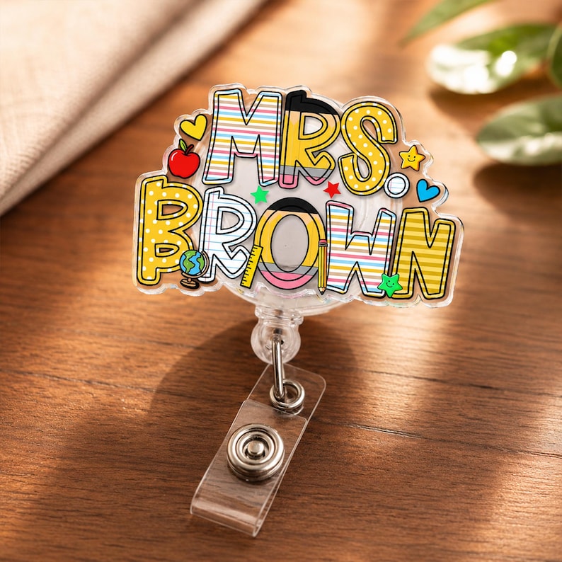Custom School Pattern Name Teacher Badge Reel: Personalized ID Clip