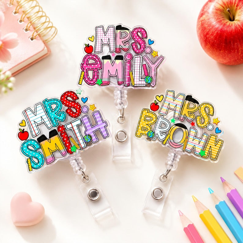 Custom School Pattern Name Teacher Badge Reel: Personalized ID Clip