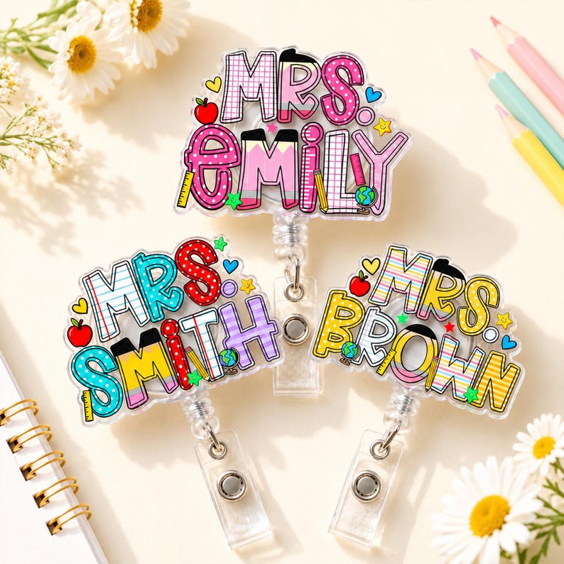 Custom School Pattern Name Teacher Badge Reel: Personalized ID Clip
