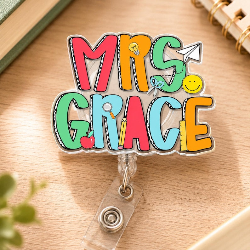 Custom Groovy Teacher Name Badge Reel: Personalized ID Clip