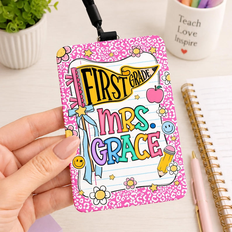 Personalized Pennants Flag Teacher ID Badge Holder: Custom Teacher Name Card Holder