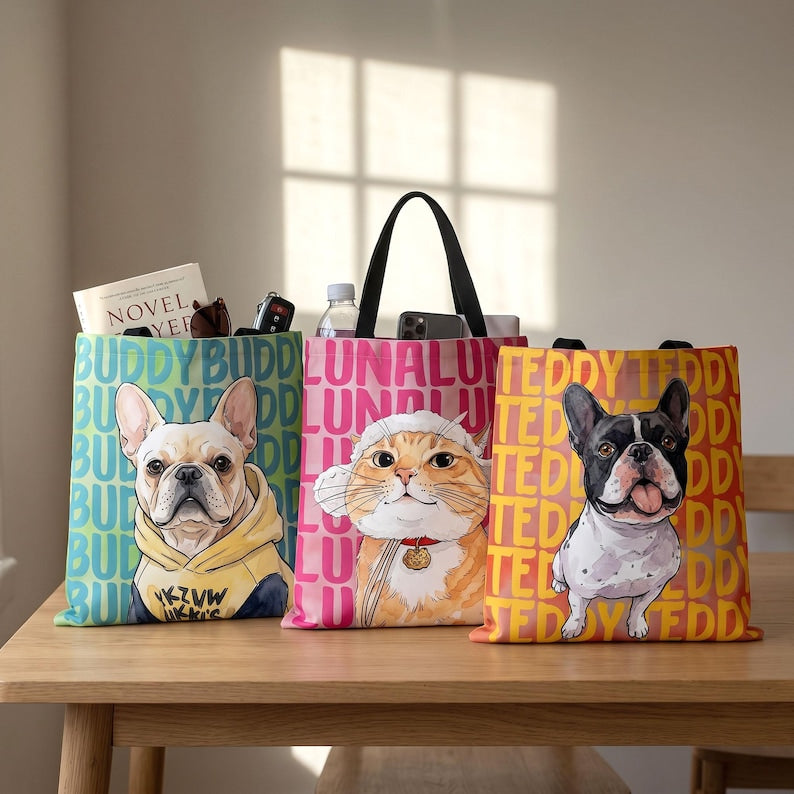 Custom Pet Portrait & Name Watercolor Tote Bag, Personalized Dog Face Tote