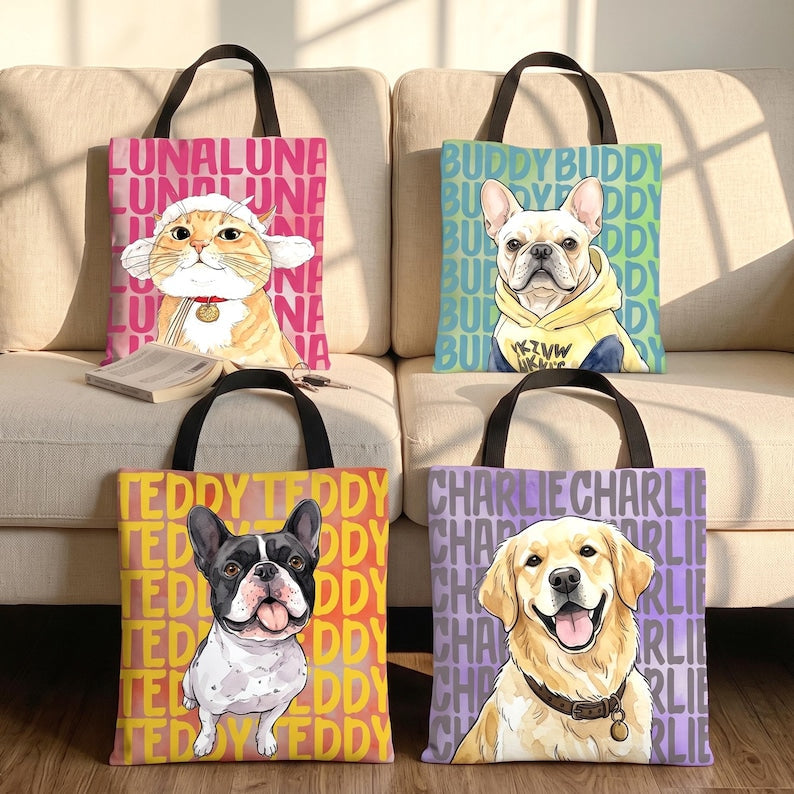 Custom Pet Portrait & Name Watercolor Tote Bag, Personalized Dog Face Tote