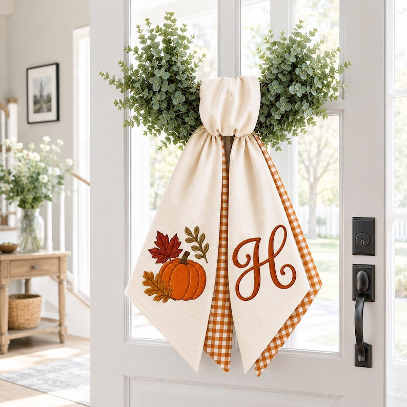 Custom Monogram Pumpkin Wreath Sash, Personalized Fall Door Decor