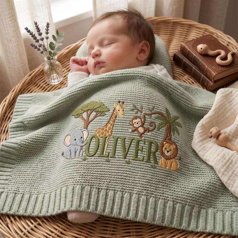Personalized Embroidered Lion Baby Blanket Name - Custom Name Knit Giraffe Safari Newborn Gift