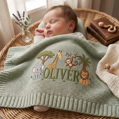Personalized Embroidered Lion Baby Blanket Name - Custom Name Knit Giraffe Safari Newborn Gift