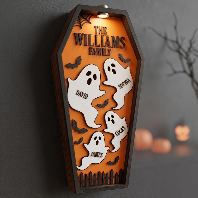 Personalized Ghost Family Coffin Sign, Custom Halloween Decor