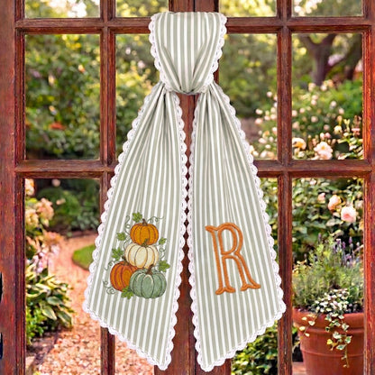 Monogram Fall Wreath Sash, Sage Green Ticking Stripe Wreath Bow with Pumpkins