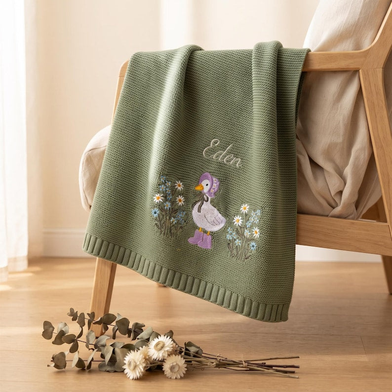 Personalized Wildflower Baby Blanket,Floral Baby Blanket,Embroidered Baby Knit Name Blanket