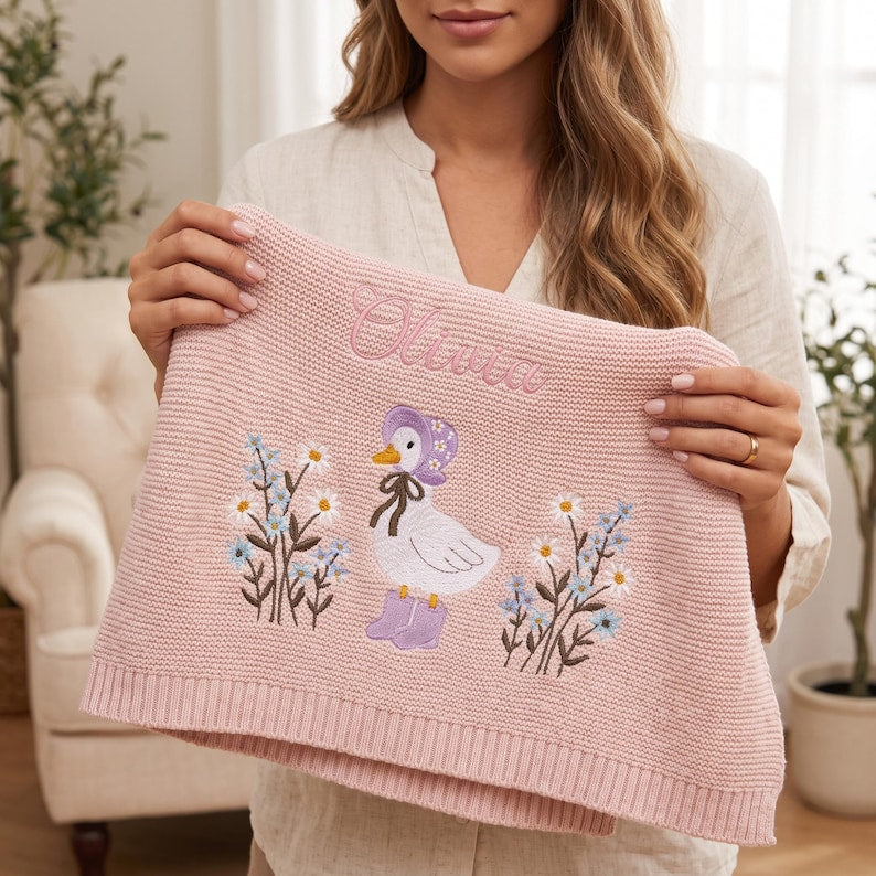 Personalized Wildflower Baby Blanket,Floral Baby Blanket,Embroidered Baby Knit Name Blanket