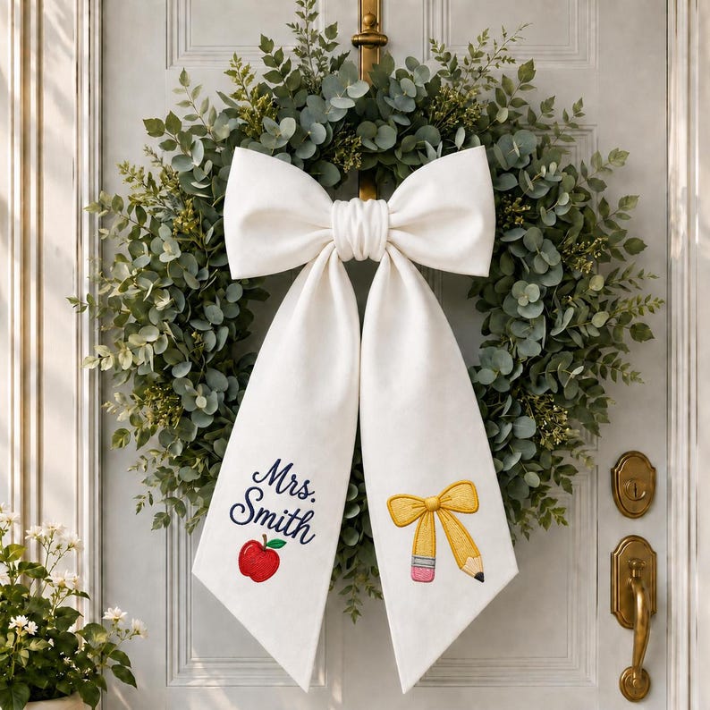 Personalized Teacher Door Wreath Bow, Custom Name Gingham Wreath Sash
